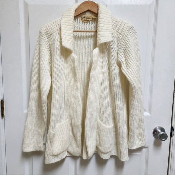 Littlewood & Green Sweater Women L Cream Cardigan Open Chunky Pocket Vtg Grandma - Picture 1 of 10